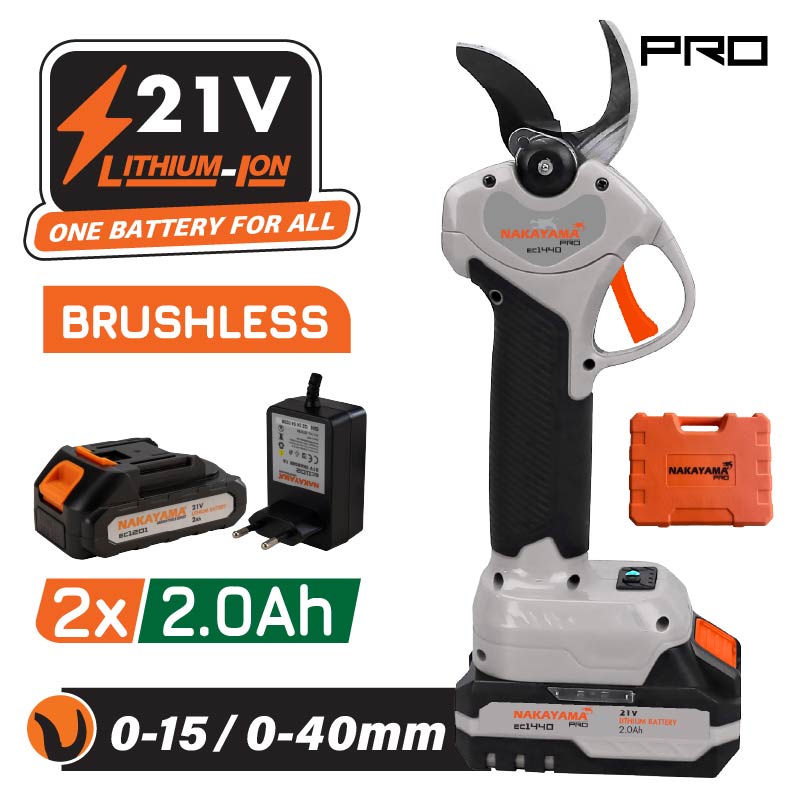 NAKAYAMA Pro EC1440 Ψαλίδι Κλάδου Μπαταρίας 21V, Brushless, Προοδευτική Κοπή 0-15mm/0-40mm, 0.9kg
